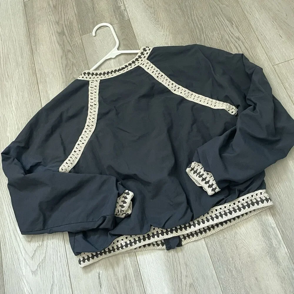 Free People Jacket crochet crop bomber womens Navy Blue small boho preppy casual